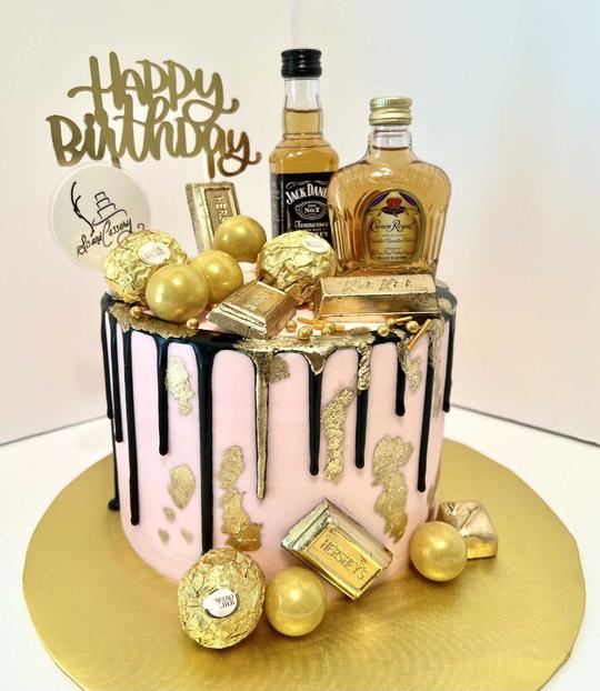 Liquor/Alcohol Cake in Gold, Alcohol Birthday Cake, Liquor Cake, Liquor Drip Cake, Gold Liquor Cake, Gold Pink Black Cake