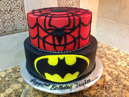 Spiderman Batman Cake, Tiered Batman Spiderman Cake, Kid Birthday Cake